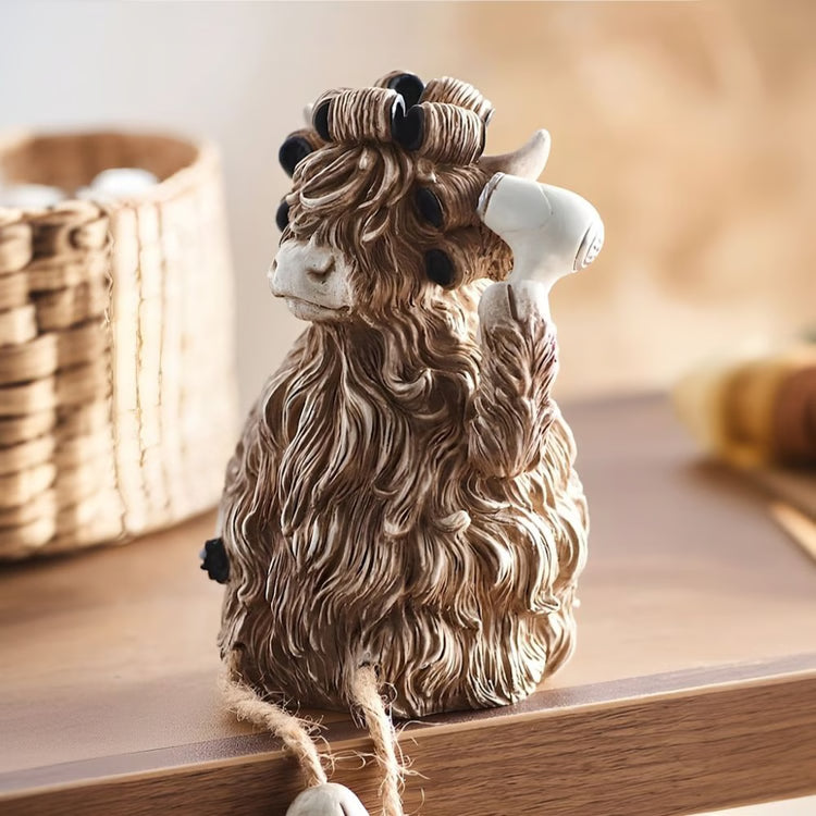 Fun Desktop Decoration, Creative Highland Cow Blowing Hair Statue Ornament for Home, Office, Living Room, Bathroom