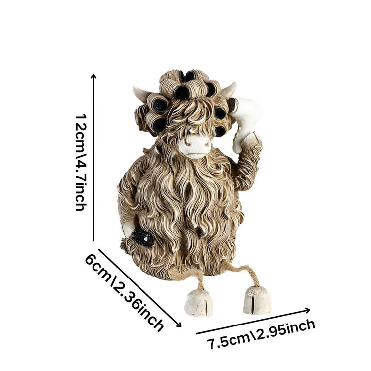 Fun Desktop Decoration, Creative Highland Cow Blowing Hair Statue Ornament for Home, Office, Living Room, Bathroom
