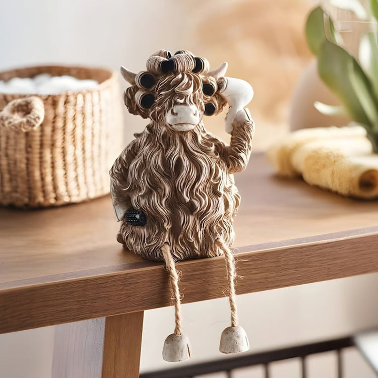 Fun Desktop Decoration, Creative Highland Cow Blowing Hair Statue Ornament for Home, Office, Living Room, Bathroom